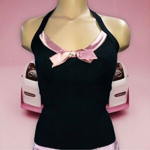VTG Bebe Y2K Women’s 2000s Pink Satin Black Stretch Silk Halter Top Size XS